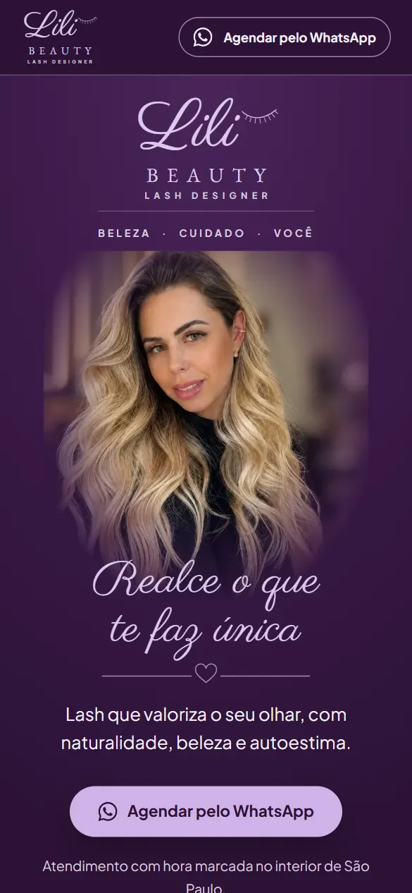 Site da Lili Beauty, lash designer